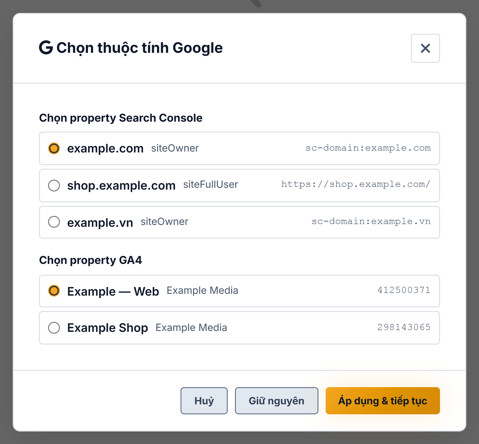 Bộ chọn property của Keycrawler, liệt kê các property Search Console và GA4 mà tài khoản đọc được